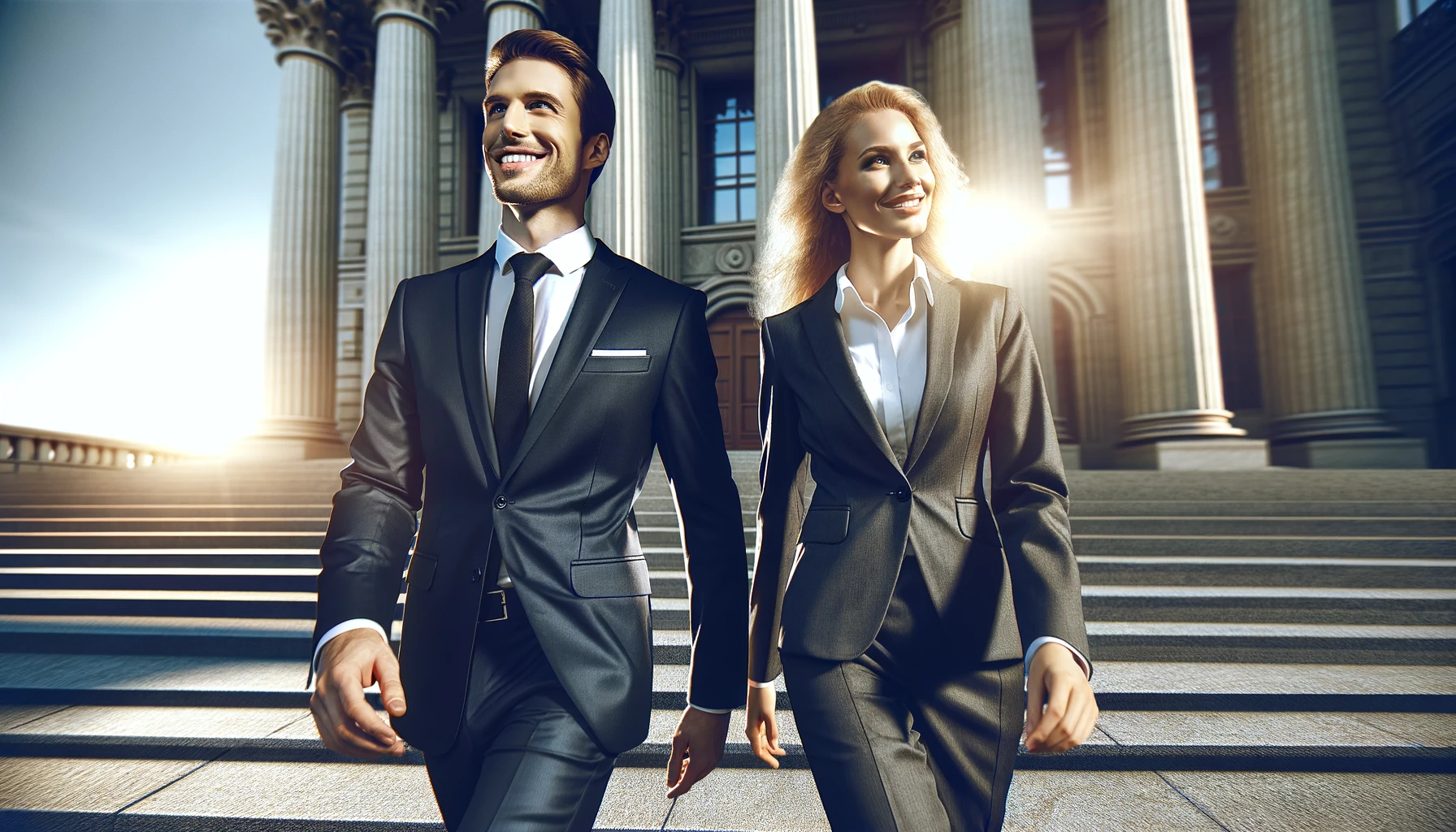 well-dressed man and woman, possibly business or legal professionals, smiling as they walk down the steps of a courthouse building.